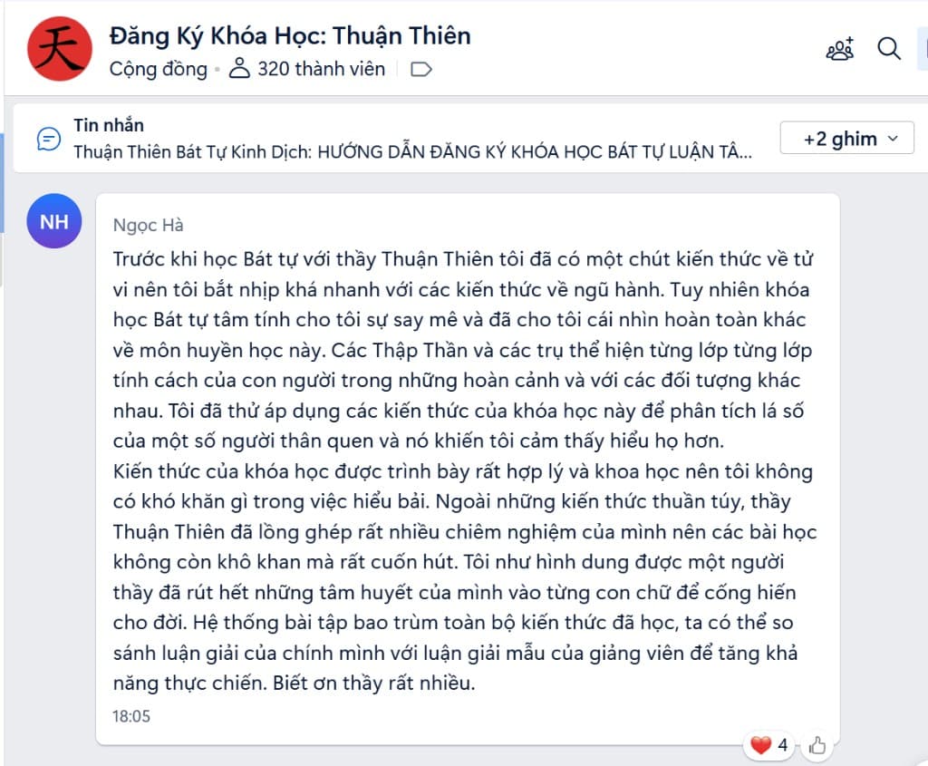 Feedback Ngọc Hà — khóa Bát Tự Luận Tâm Tính