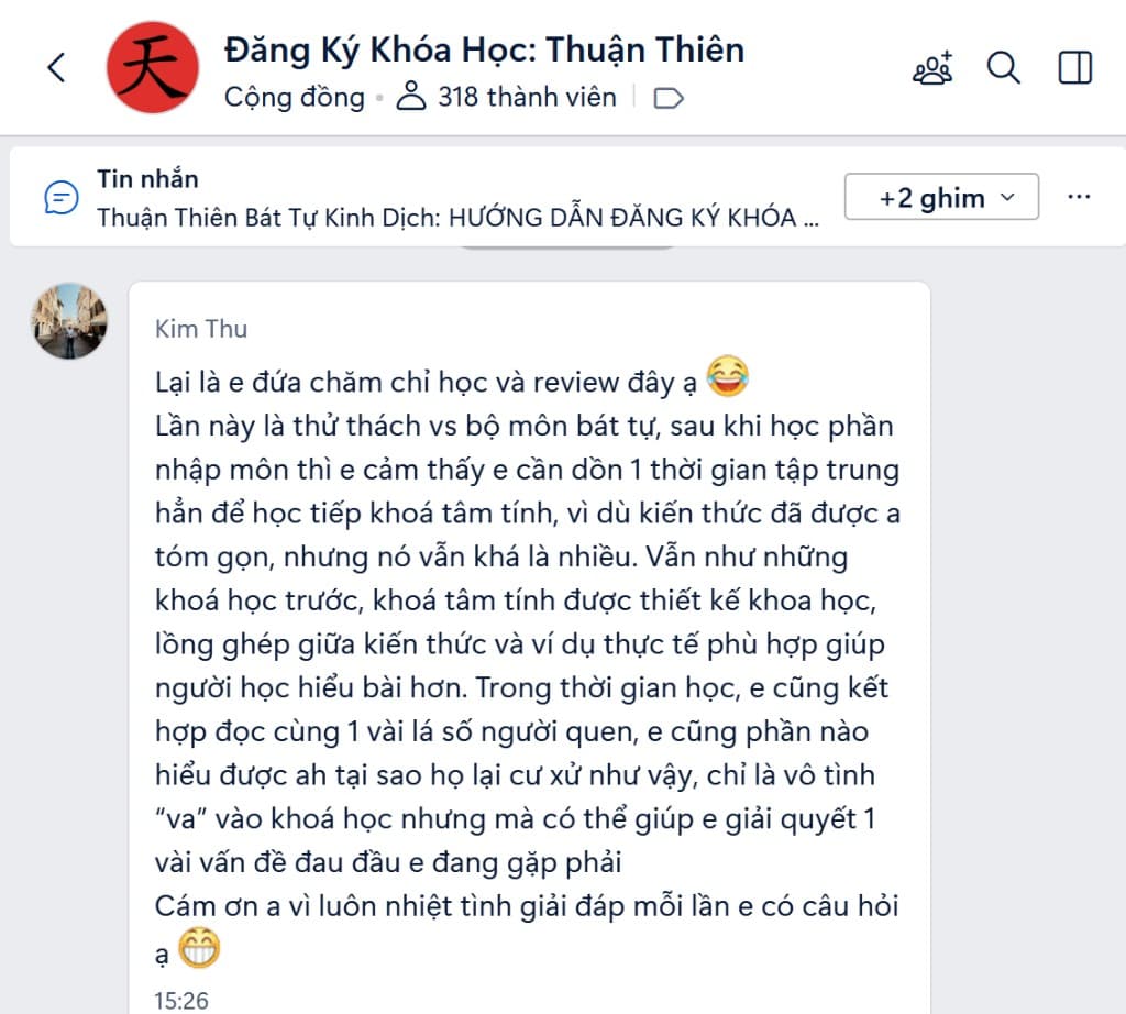 Feedback Kim Thu — khóa Bát Tự Luận Tâm Tính