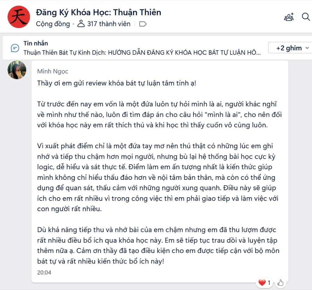 Feedback Minh Ngọc — khóa Bát Tự Luận Tâm Tính