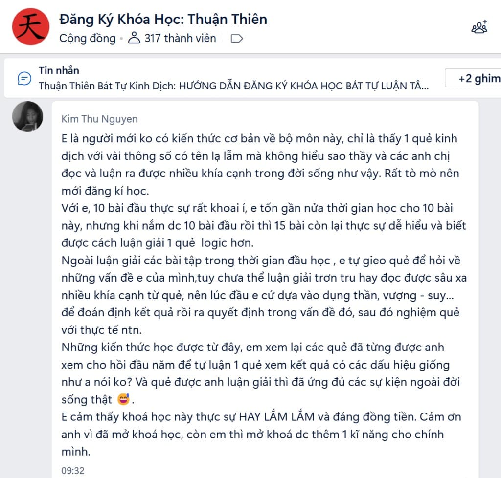 Feedback Kim Thu Nguyen — khóa Truyền Nghề Kinh Dịch A-Z