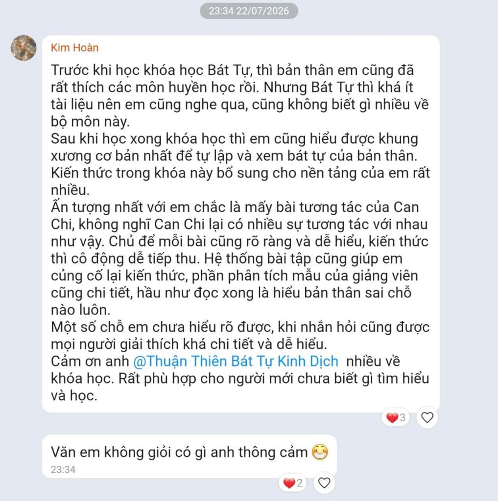 Feedback Kim Hoàn — khóa Nhập Môn Bát Tự