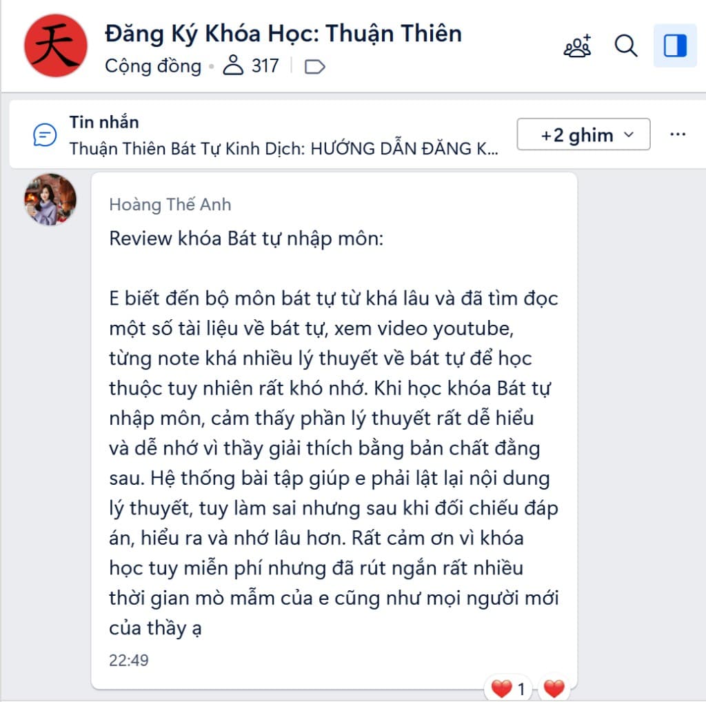 Feedback Hoàng Thế Anh — khóa Nhập Môn Bát Tự