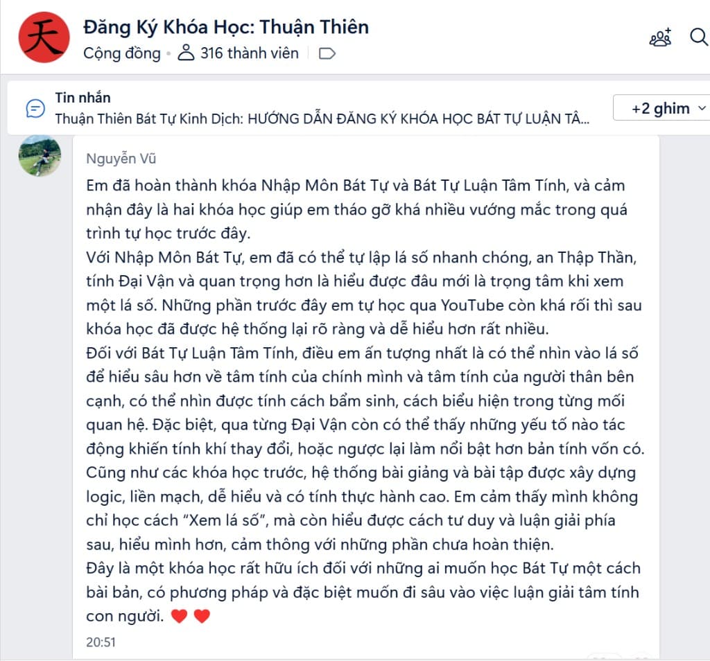 Feedback Nguyễn Vũ — khóa Nhập Môn Bát Tự và Luận Tâm Tính