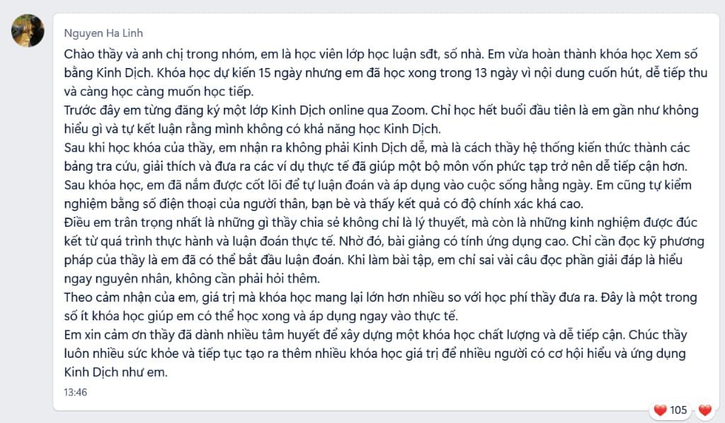Feedback học viên Nguyen Ha Linh — khóa xem số bằng Kinh Dịch